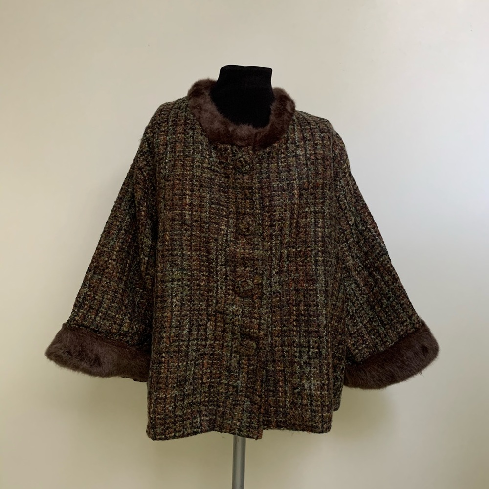 Isabella’s Journey Brown Tweed Jacket-Cashmere Blend-Faux Fur Trim-Free Size